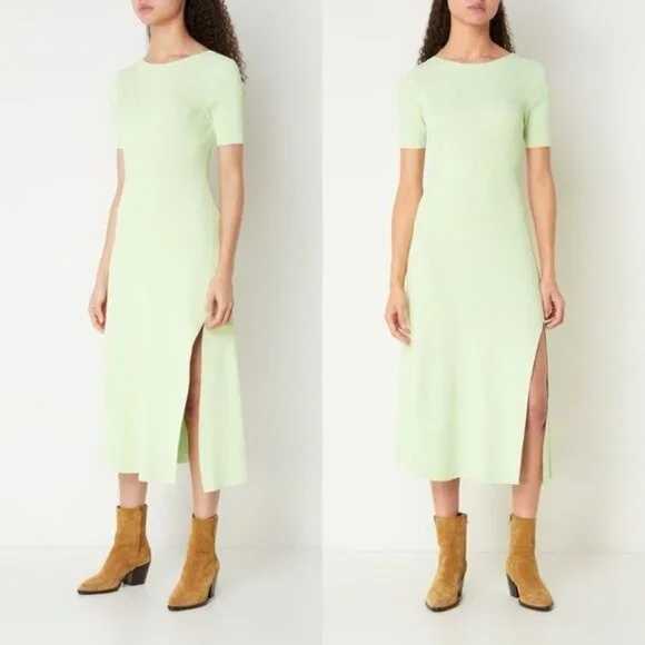 NWT Maje Ruche Tie Back Midi Dress 40 Vert L Ribbed Knit Stretch - Picture 2 of 15